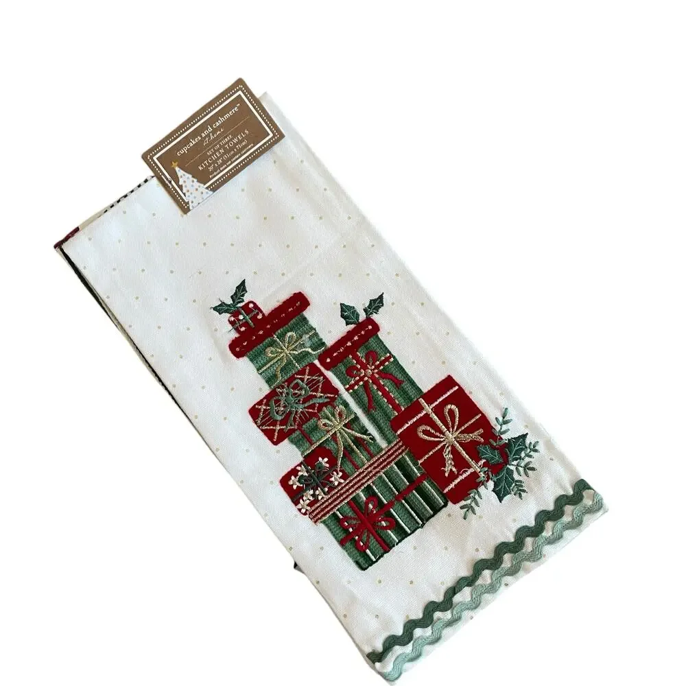 Cupcakes & Cashmere Christmas Present Kitchen Towels Set of 3 Embroidered New